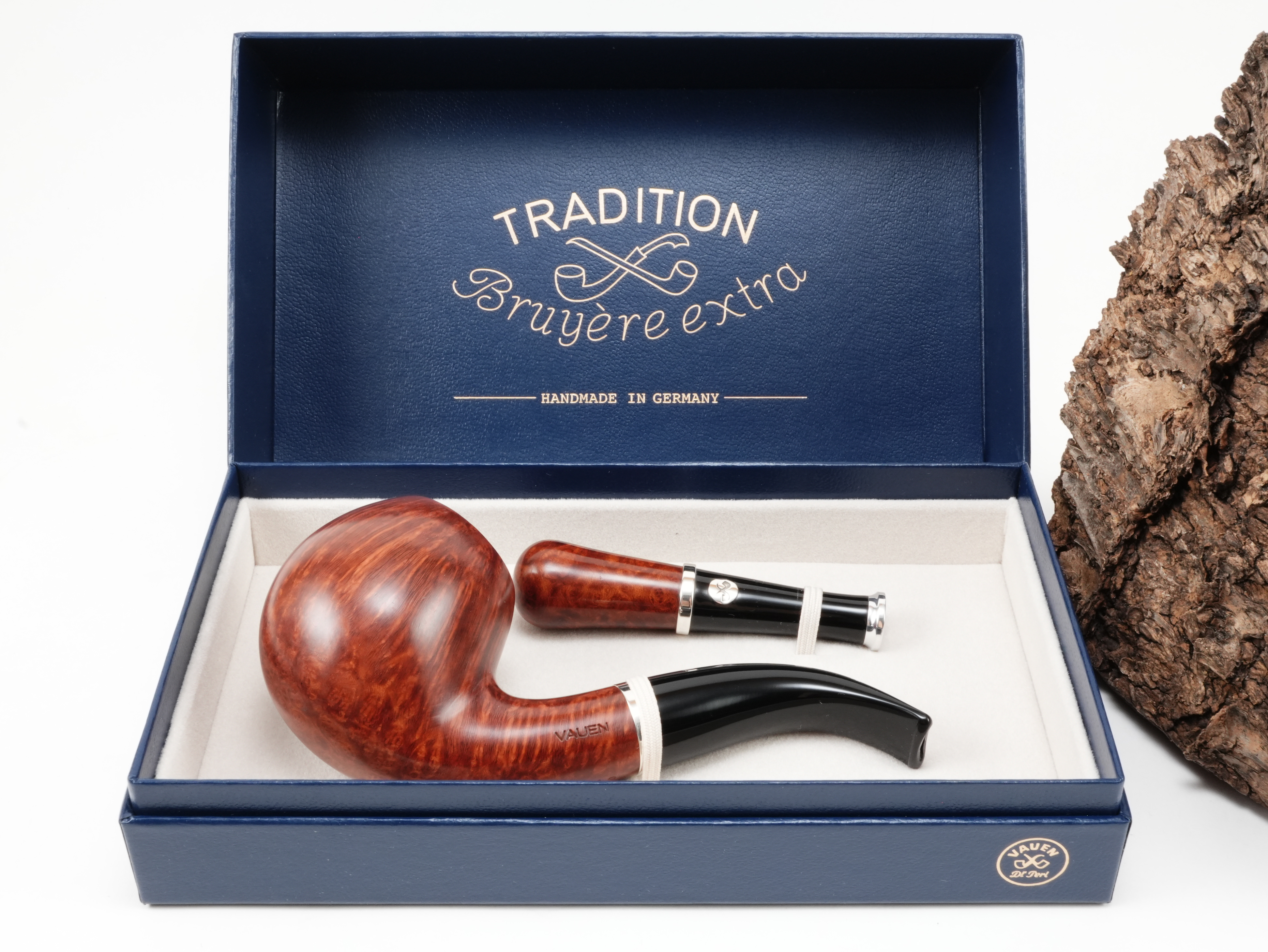 Exklusive Vauen Tradition 019 Pfeife Bent Classic mit handgefertigtem Stopfer in edler blauer Präsentschatulle