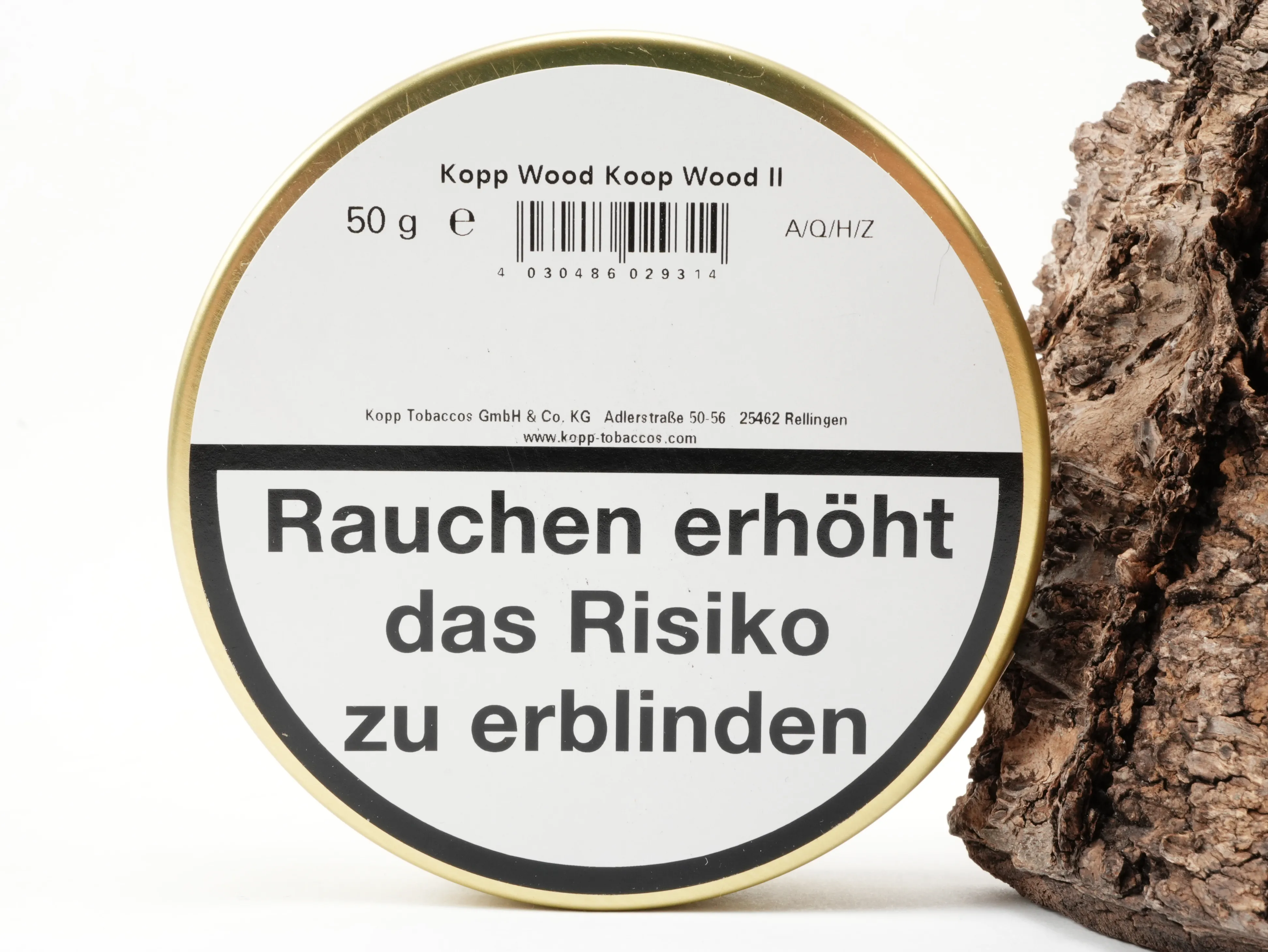 Dosenrücken des Kopp Tobaccos Wood II Pfeifentabaks mit Herstellerangaben und EAN-Barcode