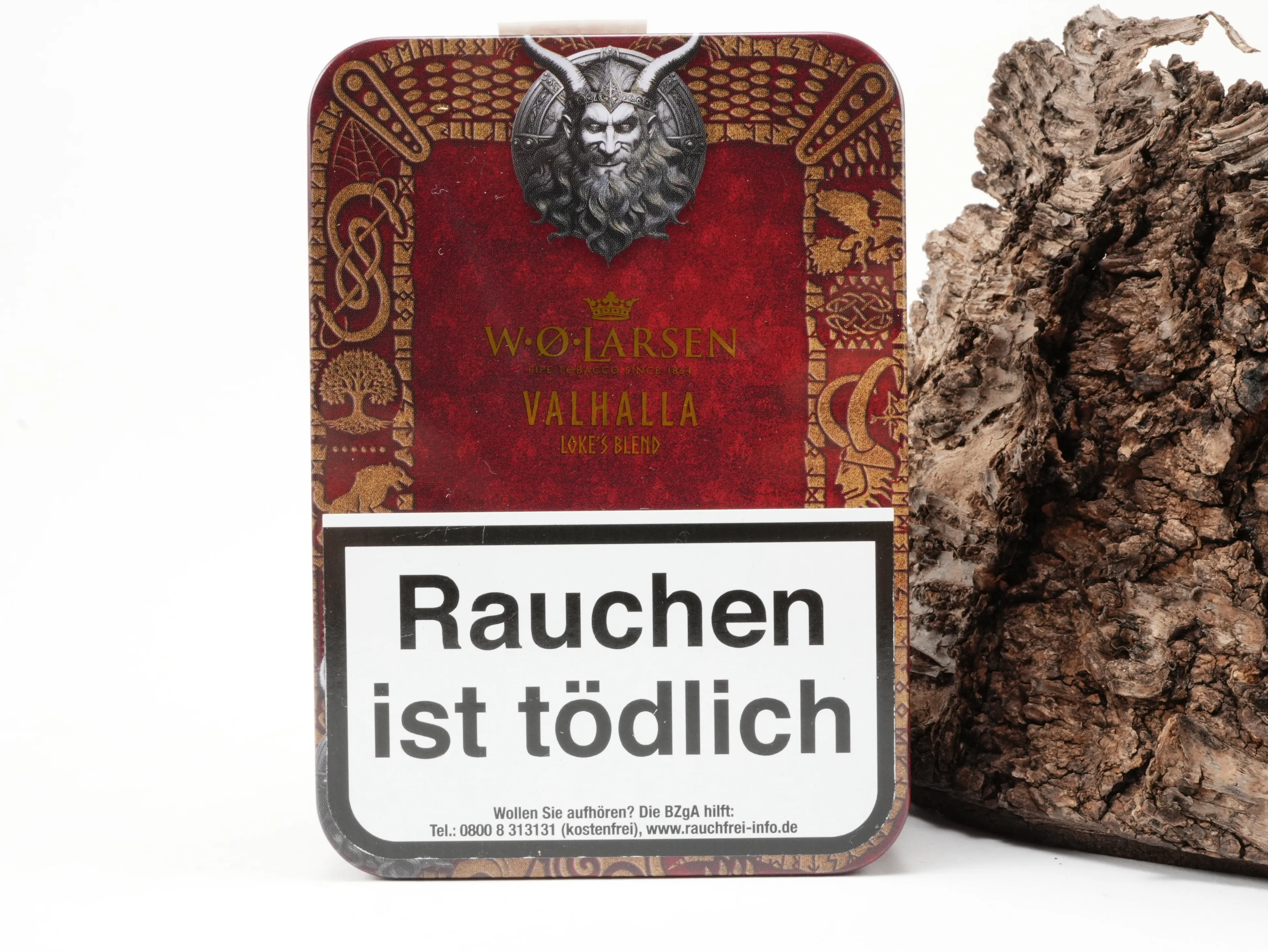 Rot-goldene rechteckige Schmuckdose des W.O. Larsen Edition 2027 Valhalla Loke's Blend Pfeifentabaks 100g – Frontansicht