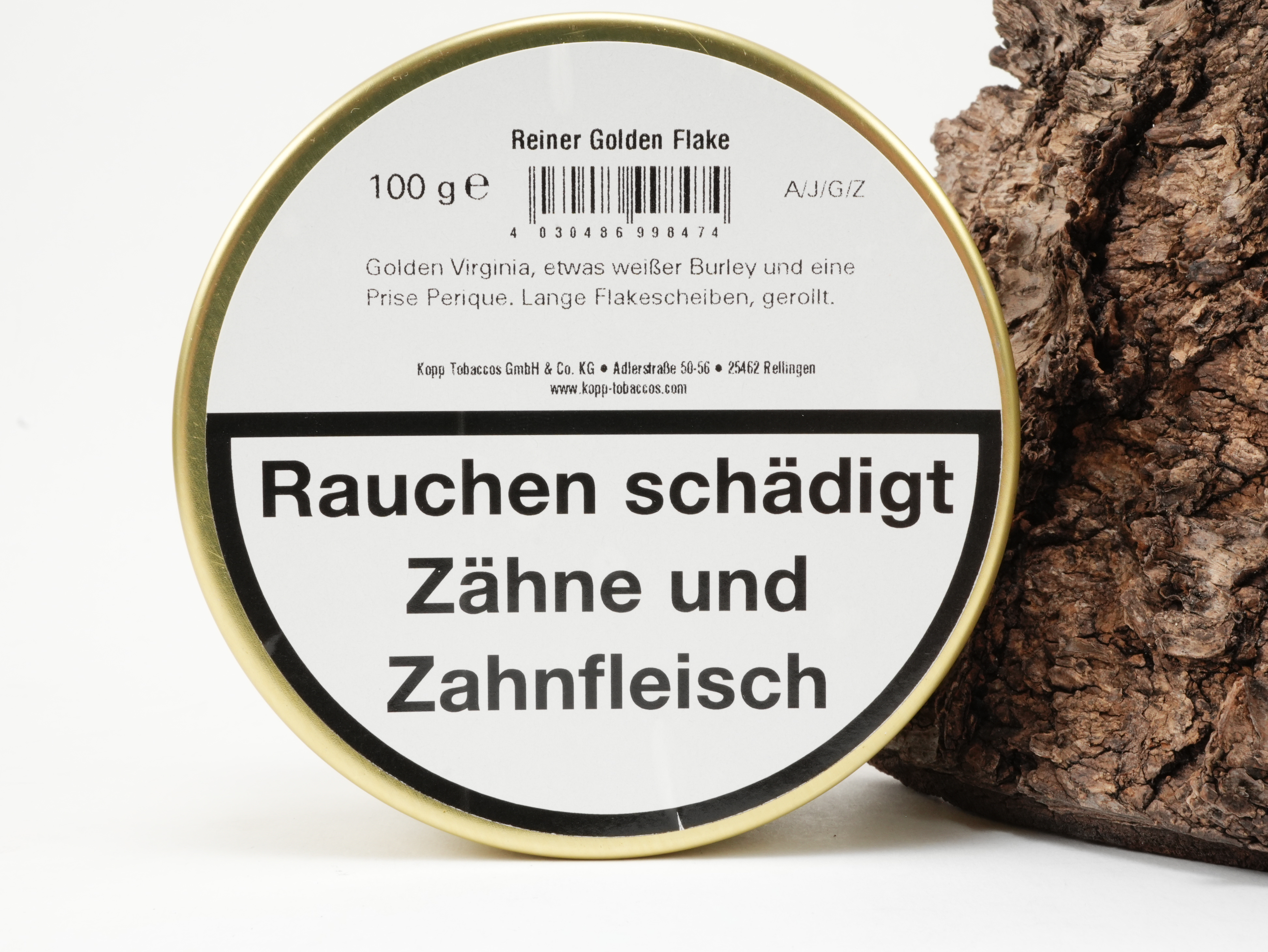 Dosenrückseite des Reiner Golden Flake Pfeifentabaks mit Sortenbeschreibung (Golden Virginia, Burley, Perique)