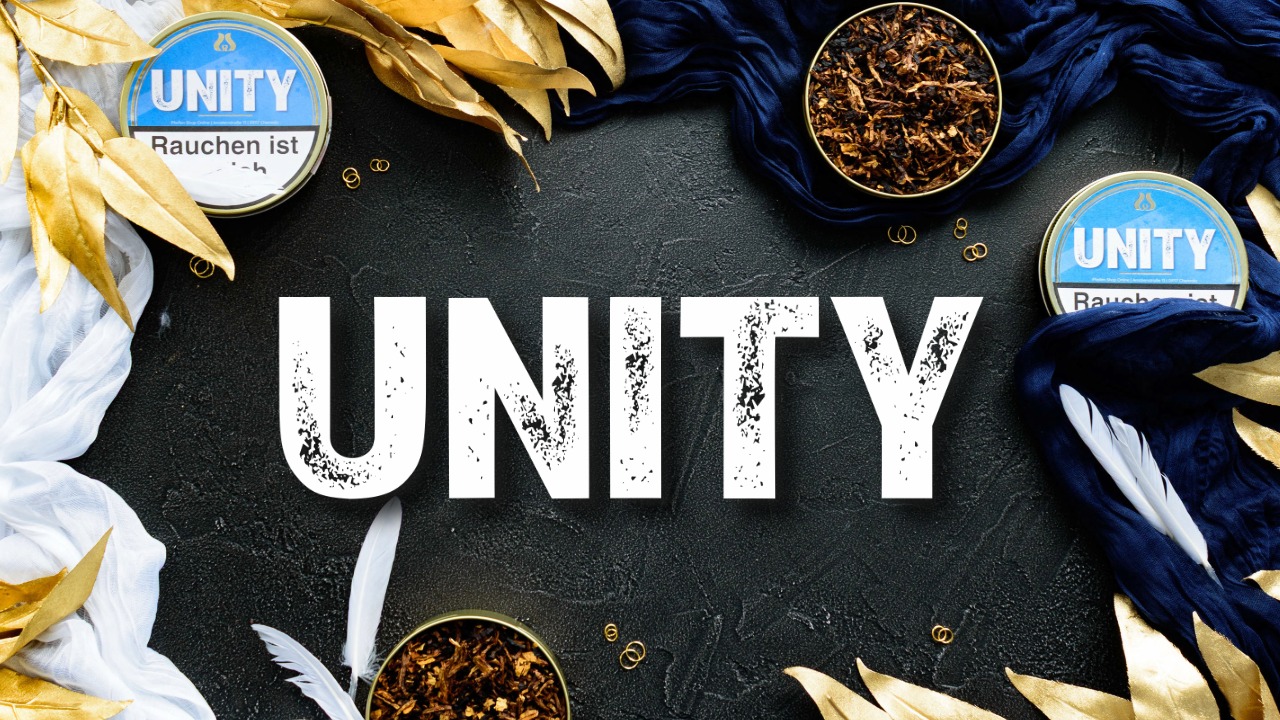 UNITY Pfeifentabak Shop Banner mit Schriftzug, Tabakdosen, losem Tabak und Dekoration auf dunklem Hintergrund
