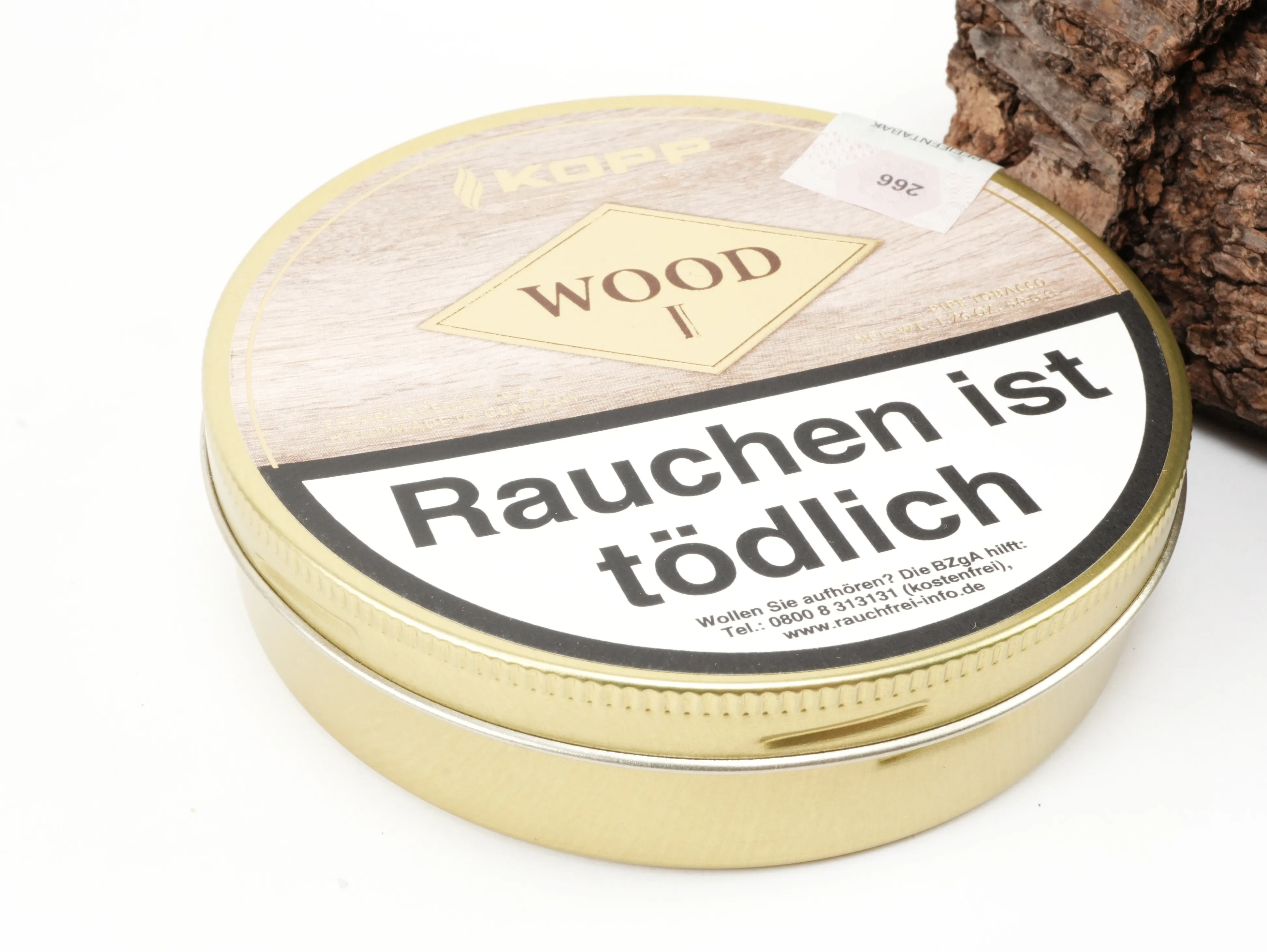 Schräge Perspektivansicht der geschlossenen Kopp Wood I Tabakdose mit Banderole