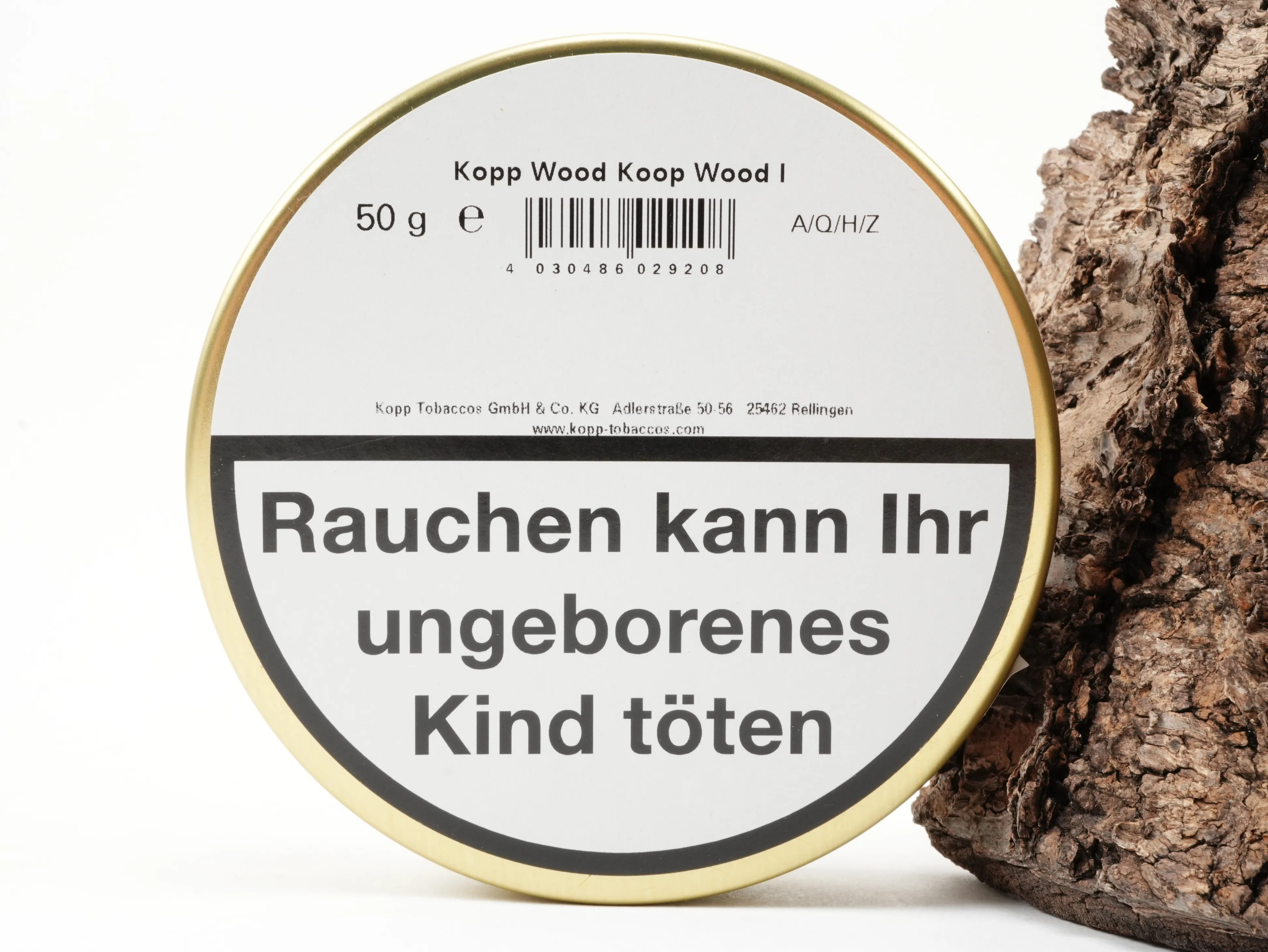 Dosenrücken des Kopp Tobaccos Wood I Pfeifentabaks mit Herstellerangaben und EAN-Barcode