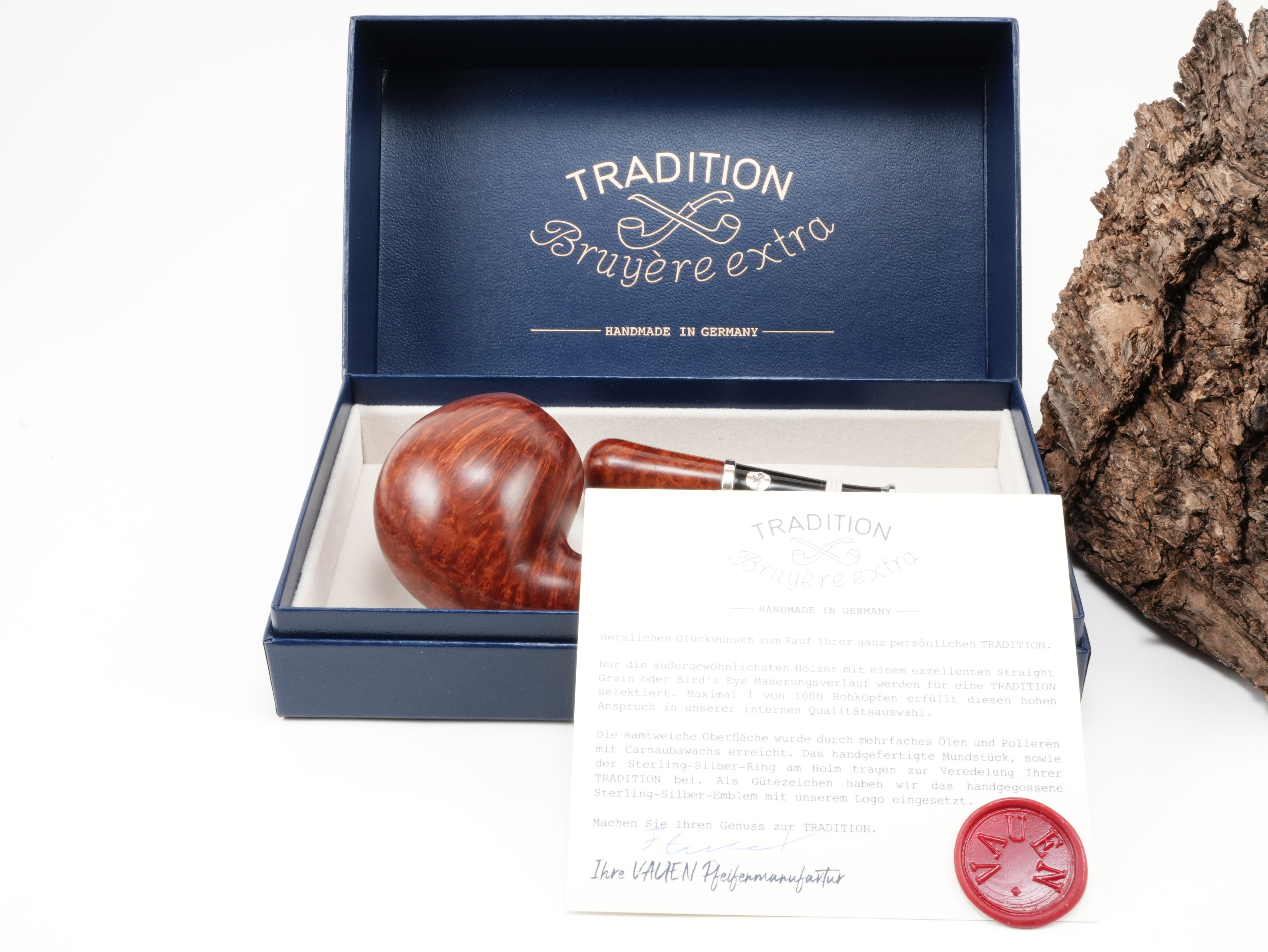Vauen Tradition 019 Pfeifenset in edler Schatulle mit offiziellem Garantiezertifikat und rotem Wachssiegel der Manufaktur