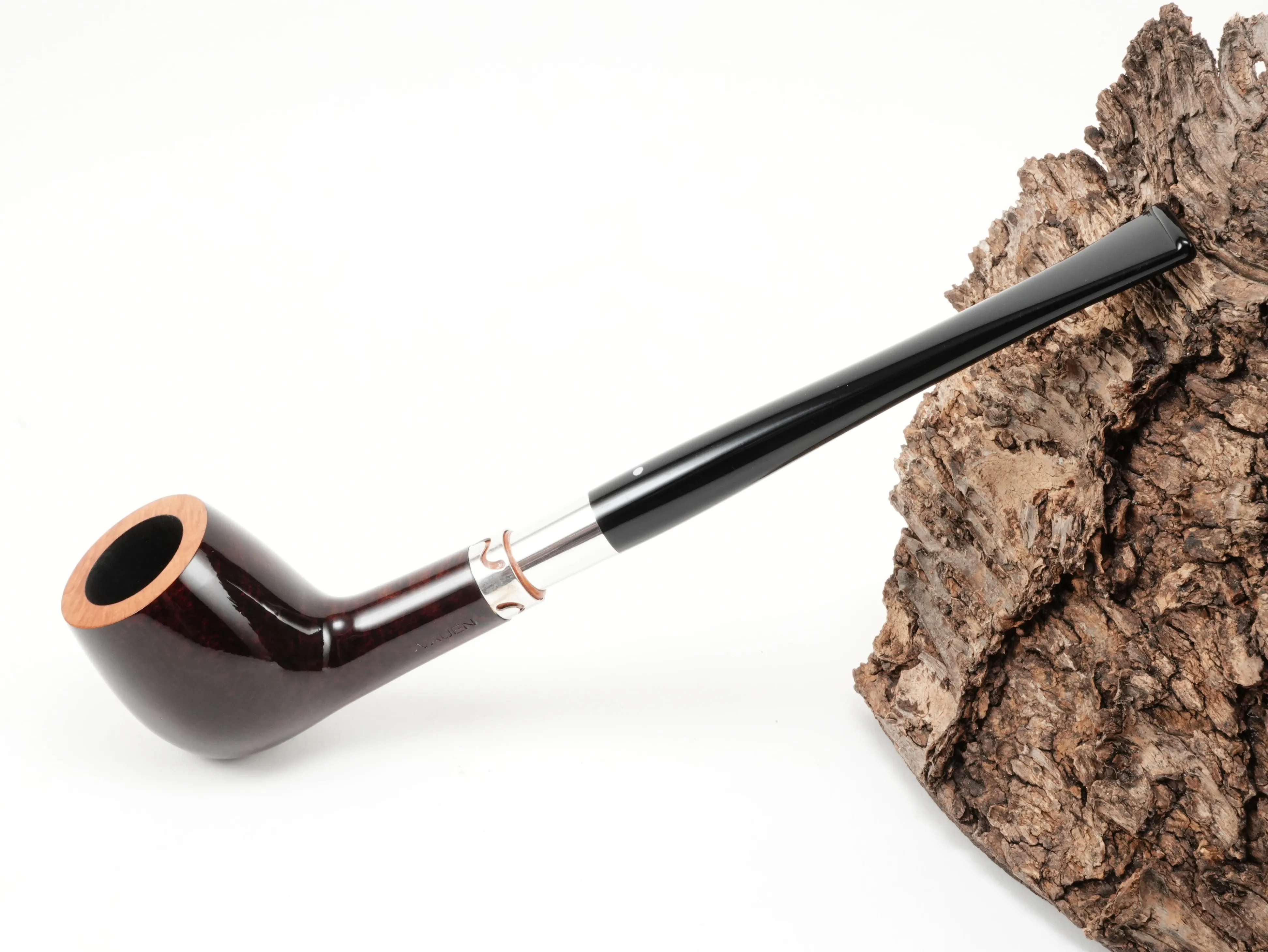 Dunkelrote Vauen YORKSHIRE 103 Straight Billiard Pfeife mit naturbelassenem Rand, Zierring und langem schwarzen Steckermundstück – Titelbild schräg von oben