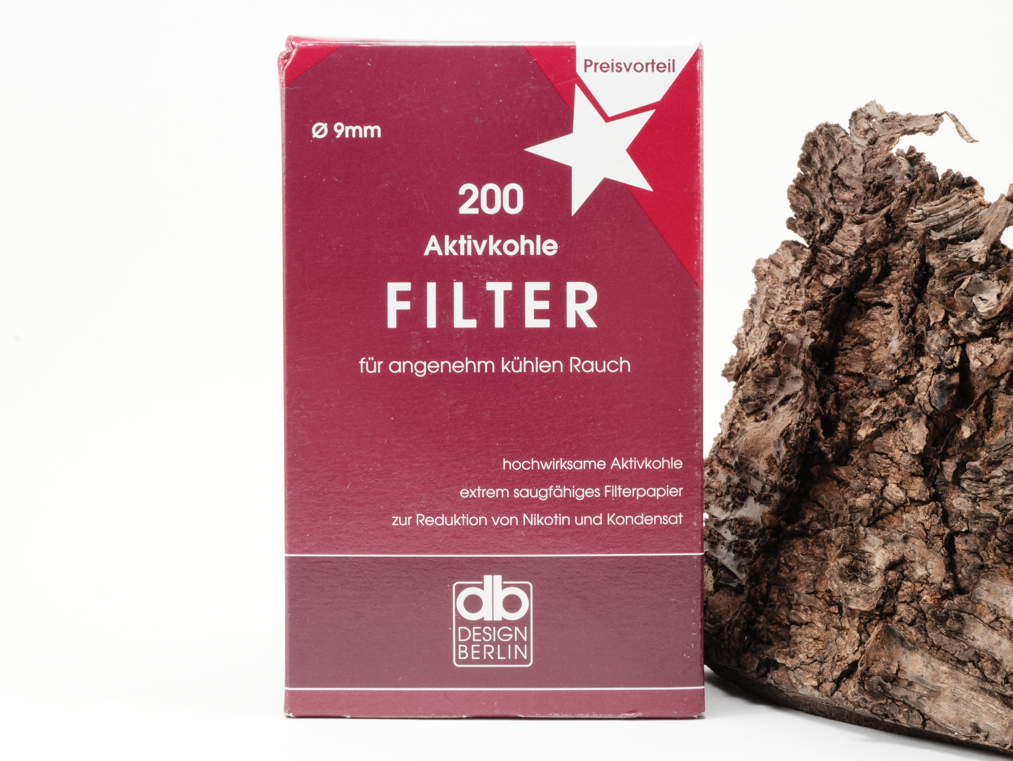 Rot-weiße Verpackung der db Design Berlin Aktivkohlefilter 9mm mit 200 Stück Inhalt für Pfeifen – Titelbild Frontansicht