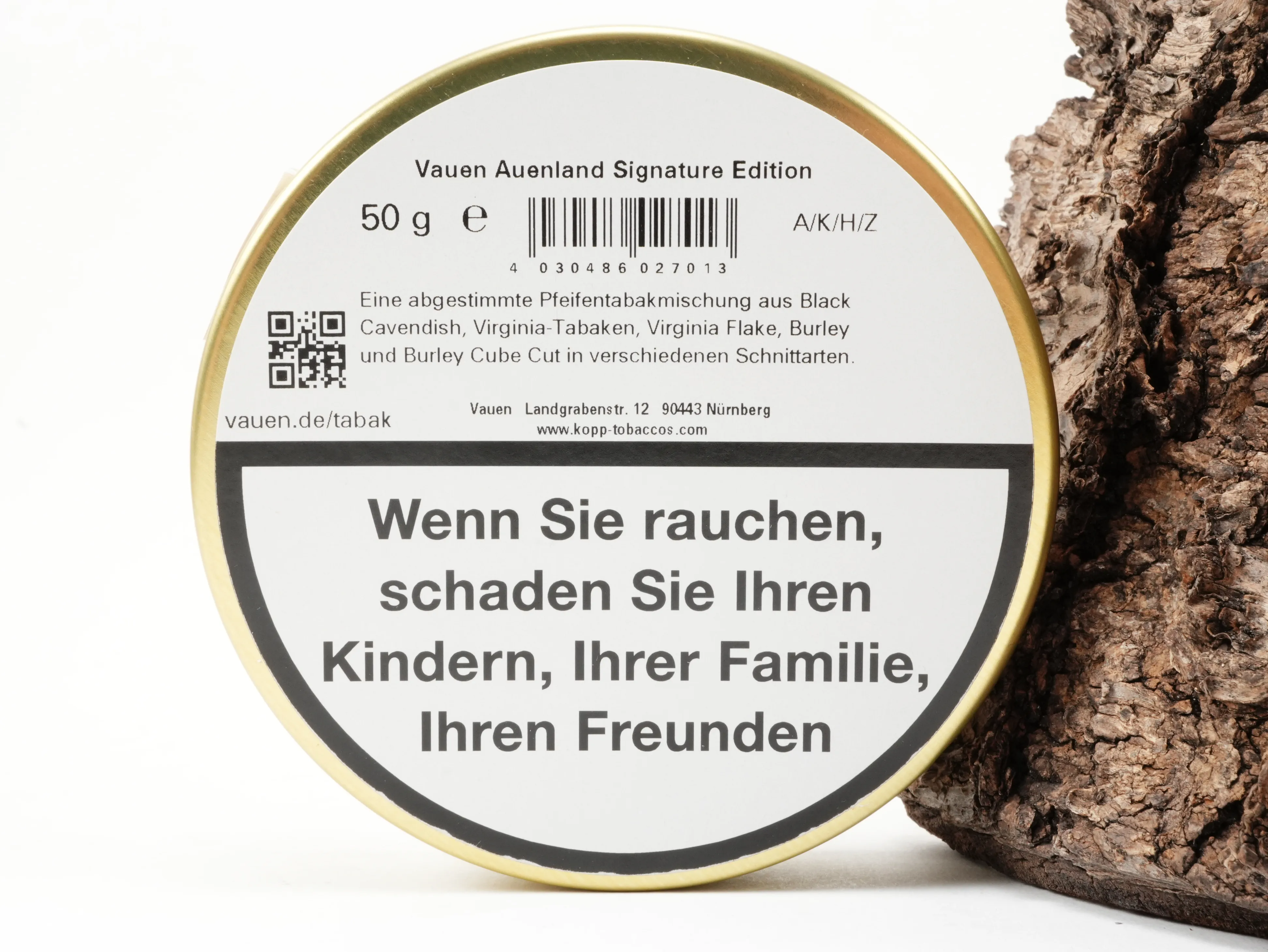 Dosenrücken des Vauen Auenland Signature Edition Pfeifentabaks mit Herstellerangaben, Mischungsbeschreibung und EAN-Barcodes