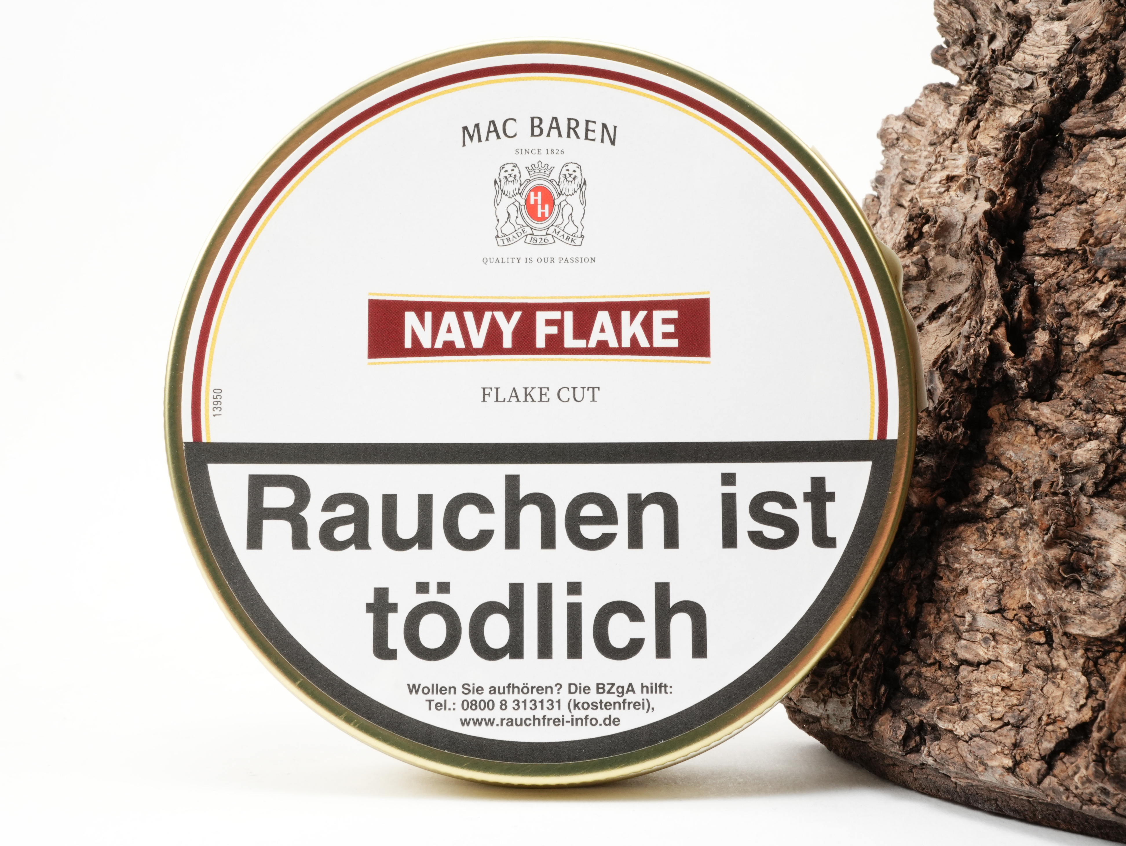 Mac Baren Navy Flake Pfeifentabak 50g Dose – Frontansicht der runden Tabakdose mit Burley, Virginia und Cavendish Flake Cut