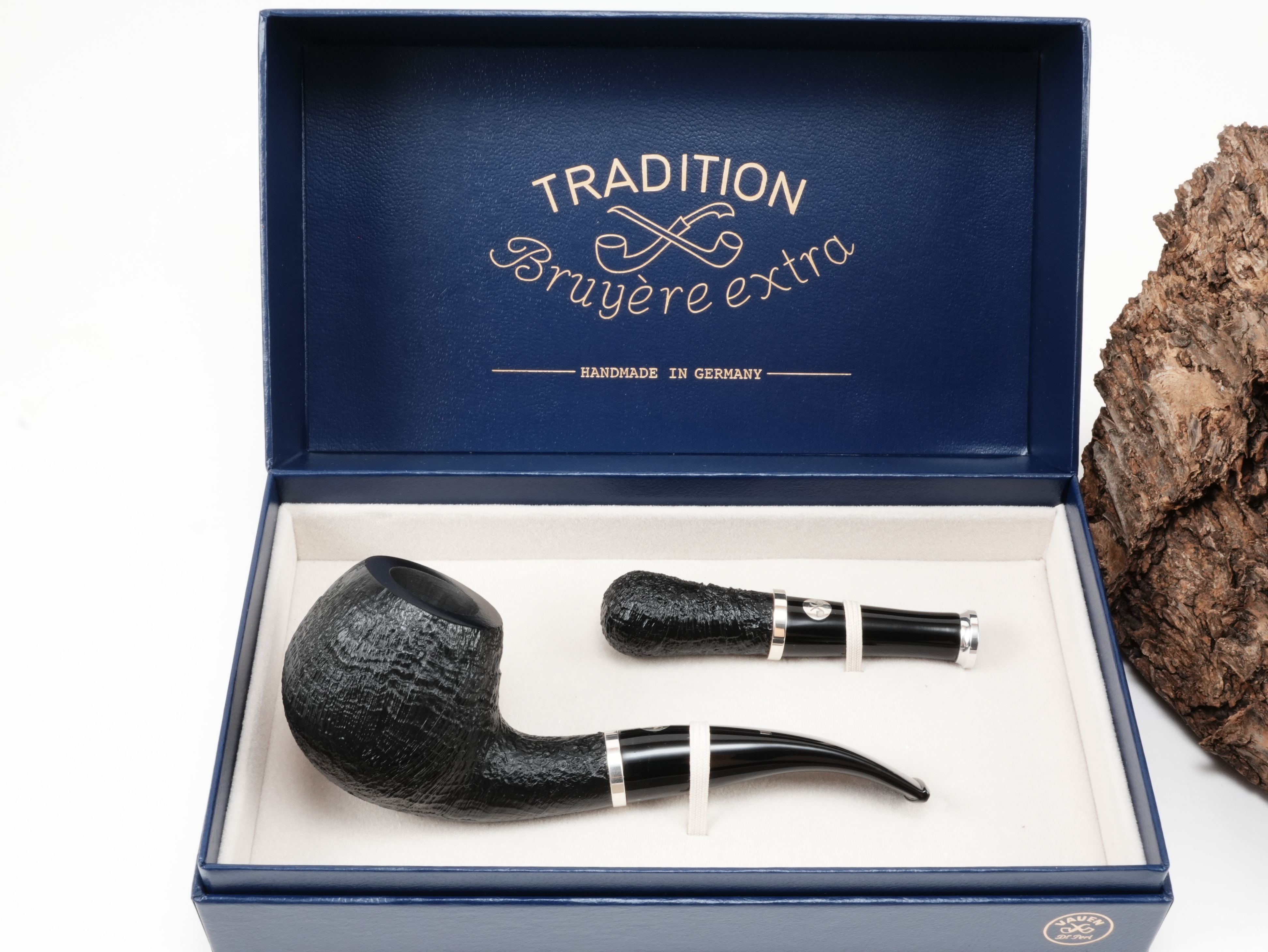 Schwarz sandgestrahlte Vauen Tradition Pfeife Half-Bent Ball mit edlem Pfeifenstopfer in blauer Geschenkkassette