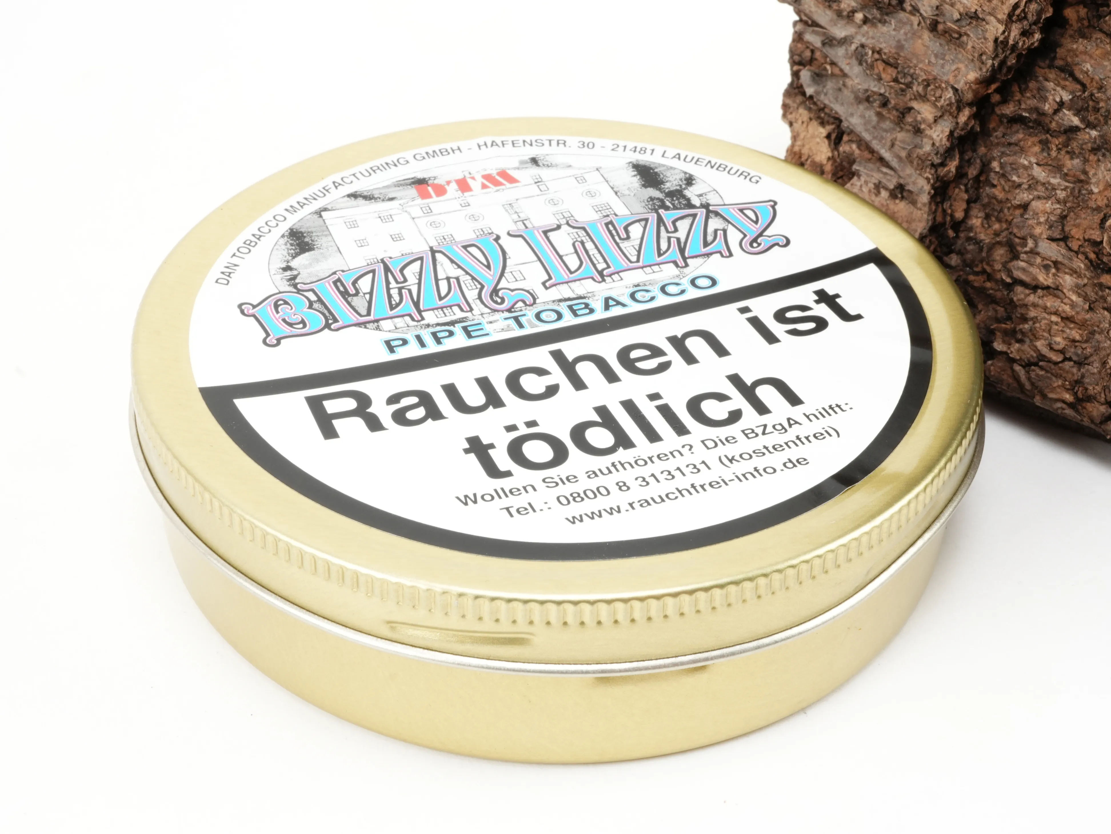 Schräge Draufsicht auf die goldene Runddose des DTM Bizzy Lizzy Pfeifentabaks